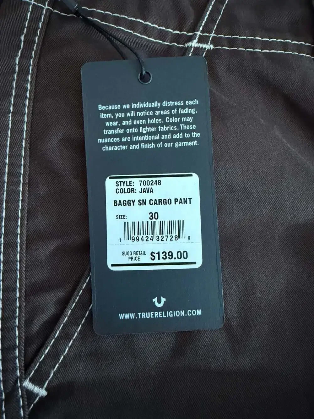 True Religion Baggy SN Cargo Pant in Java